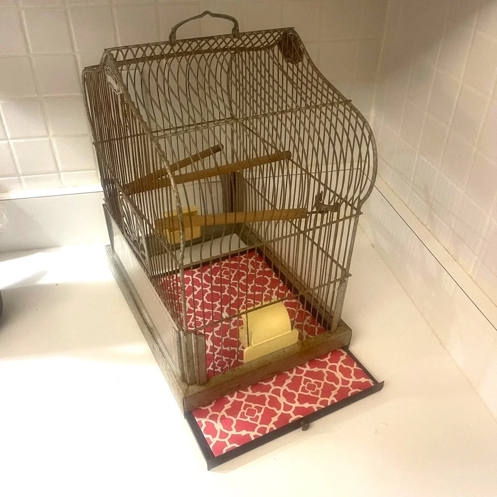 Vintage CROWN Wire Bird Cage w Original Feeder Trays &‎ Slide Tray Hang Hook